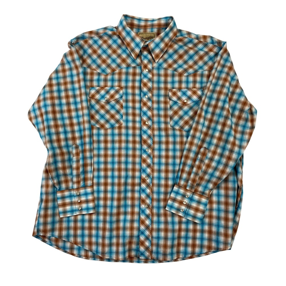 Wrangler‎ Mens 2XL Western Shirt Plaid Long Sleeve Cowboy Rodeo Turquoise Brown